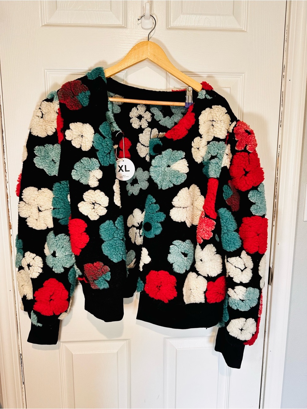 Floral Plush Black Bomber Sweater - Red, Teal & Cream